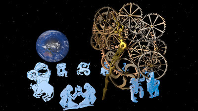 黄道星座，12个黄道星座和一个时钟装置。三维渲染