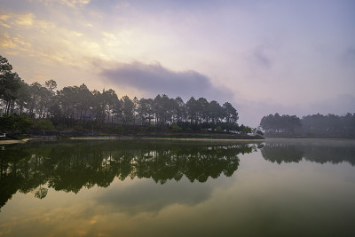 越南茂洲班昂村的松树林和美丽的湖泊