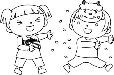 Children throwing dried soy beans outline