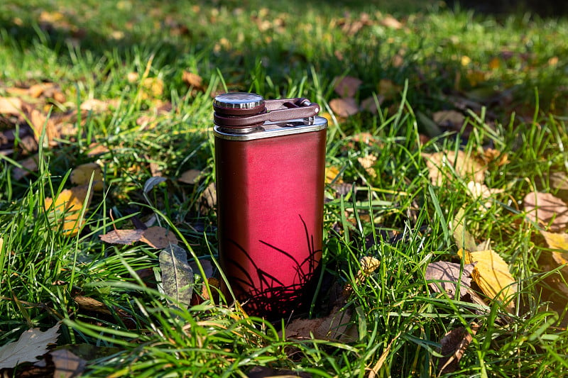 Metal flask for alcohol in the autumn forest. Autu