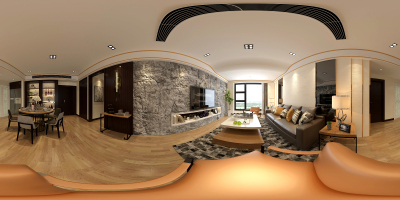 360度家庭室内，3D渲染。
