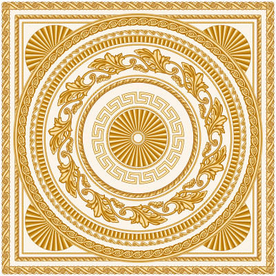 巴洛克卷轴玫瑰结，黄金希腊关键图案frieze，曲流圈边界，花雕刻框架，葡萄藤花环在米色背景。围巾，