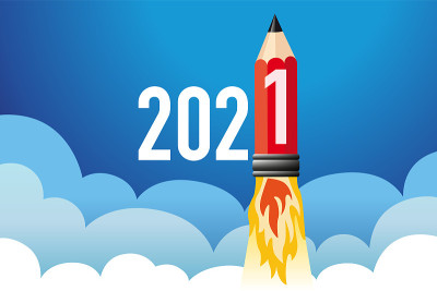 这是一张2021年贺卡的概念，上面是一支火箭形状的铅笔。