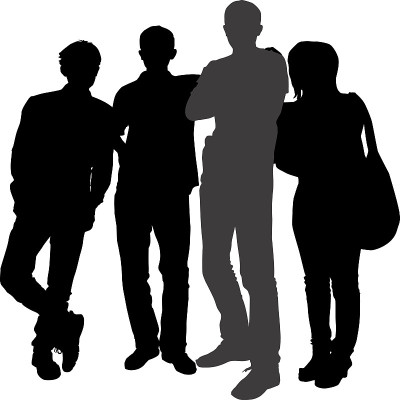 矢量剪影的一群年轻游客不同的身高男子和一个矮个子女孩与一个包。人们站在前面。