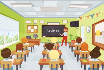 卡通孩子和老师在教室里，小学生在学习。年轻的学生听老师在课向量插图