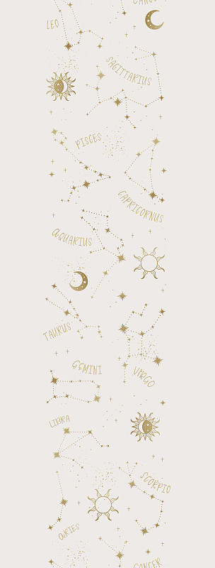 时尚的星象无缝图案，十二生肖背景手绘，星星，月亮，空间，非常适合纺织品，壁纸，表面矢量设计