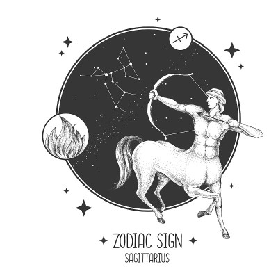 现代魔术魔术卡与射手星座星座。写实手绘半人马与弓和箭。星座的特点