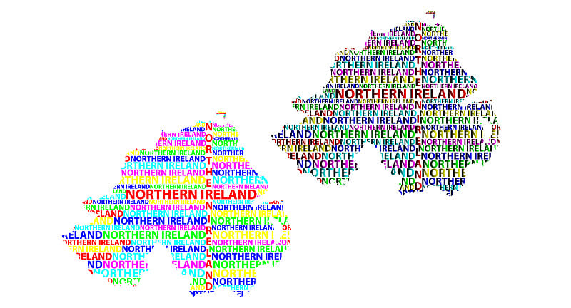 草图北爱尔兰字母文本地图，北爱尔兰-在大陆的形状，地图北爱尔兰-彩色矢量插图