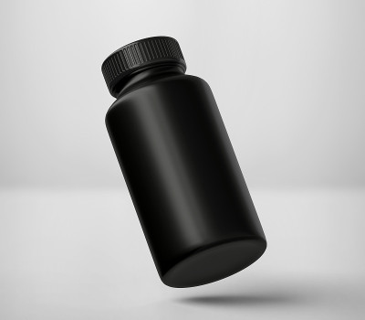 黑色马特塑料瓶模型的药物，药片，药丸，现实包装盒模板3d渲染隔离在光的背景。
