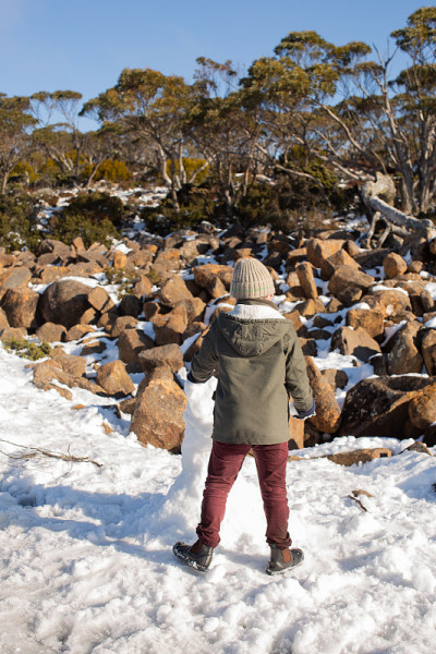 小男孩在堆小雪人