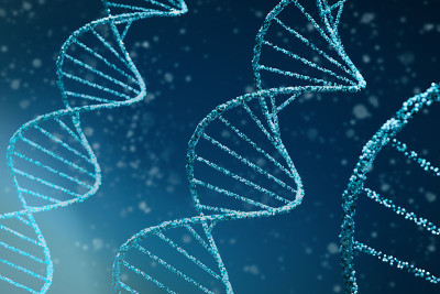 摘要DNA医学背景。双螺旋蓝色DNA分子的3d插图应用于生物信息学、基因工程、DNA分析(法医学)和