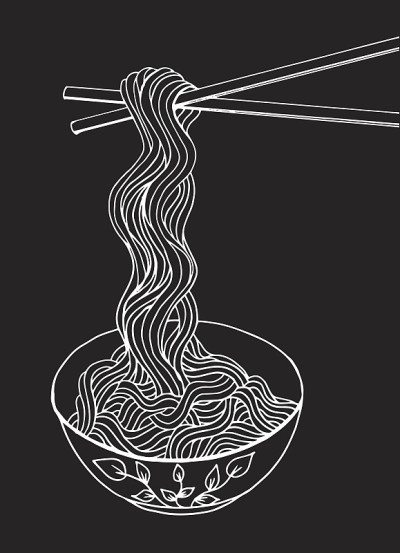手画的涂鸦面条在碗和棍子。-插画面条，意大利面，亚洲小麦面条，早餐，晚餐-插画亚洲小麦面条，早餐，晚
