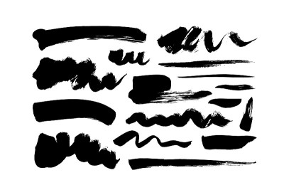黑色颜料波浪和直线画笔笔触矢量集合。