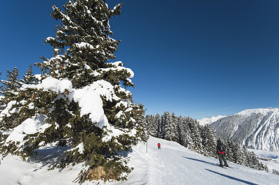 高山滑雪胜地滑雪道上的滑雪者