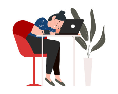 疲惫的女工用笔记本电脑矢量插图。无聊的睡过头的千禧女坐在工作场所的电脑附近，感觉困倦，疲惫和疲惫的漫