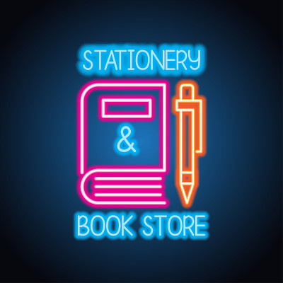 文具、书店的霓虹招牌为文具、图书做广告。矢量图