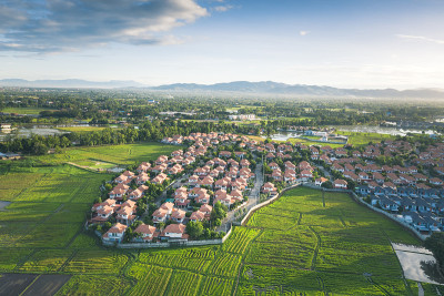 泰国清迈省稻田和住宅小区的鸟瞰图。