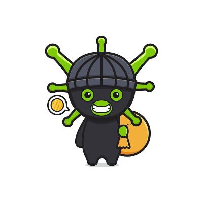 可爱的小偷病毒偷钱卡通图标插图。