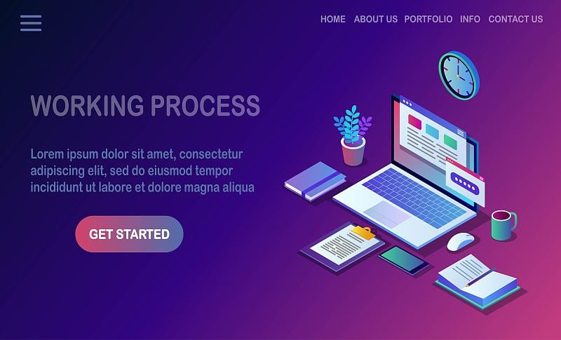 工作过程。时间管理。三维等距办公场所的电脑，笔记本电脑，电脑，手机，咖啡，时钟，日历，文件。