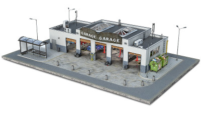 汽车修理建筑在一块地面上，3d插图