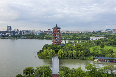 湿地公园清晨的天空和高塔附近的湖