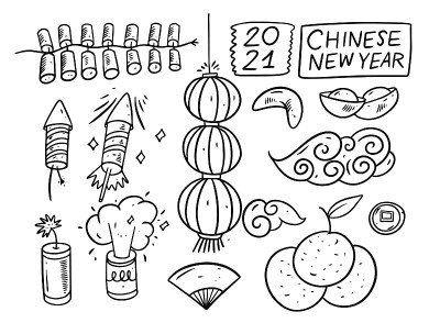 手绘中国新年黑色元素。草图风格矢量图
