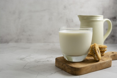 在明亮的背景上放置牛奶壶和玻璃杯。早餐喝。奶制品。