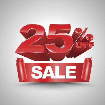 25%折扣红丝带横幅卷3D风格。