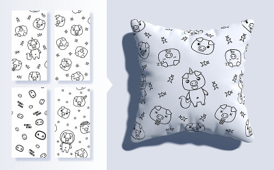 Set of Kawaii seamless pattern with cute pigs. 3d 