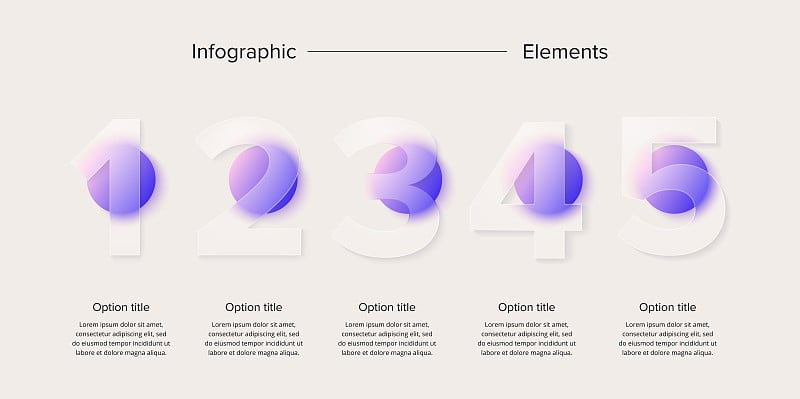具有5个步骤的业务流程图信息图。圆形的公司工作流图形元素。公司流程图幻灯片。玻璃形态设计中的矢量信息