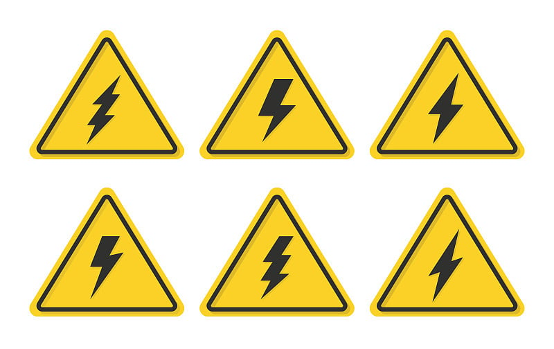 危险高压黄色标志。高电压与闪电螺栓图标设置。能量和雷电的象征。