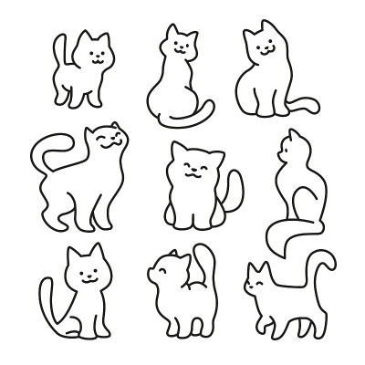 一套有趣的可爱的猫和小猫坐，站，走微笑孤立在白色的背景。