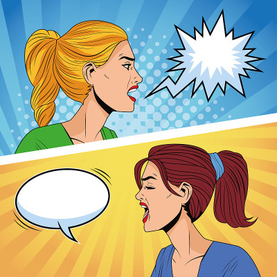 angry women profiles with speech bubbles pop art s