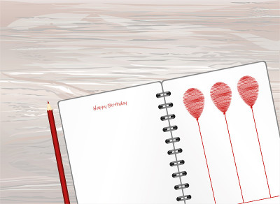 Notebook with red balloon hand-drawn. Dairy and pe