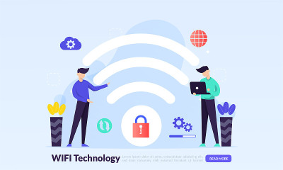 无线技术电子设备上网和连接公共WiFi热点接入互联网，平面图标，适合网页登陆页，横幅，矢量模板