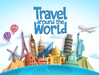 世界各地旅游矢量背景设计与著名地标和旅游目的地元素