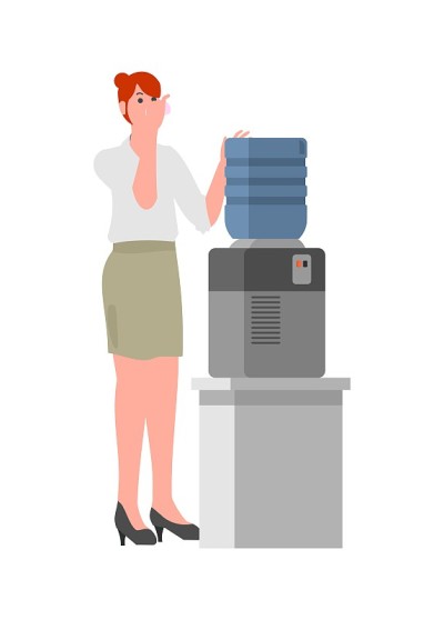 女员工从饮水机喝水。简单的平面插图