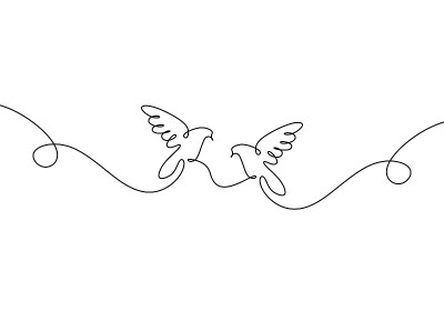 连续的一行画着飞翔的两只鸽子情侣浪漫。黑白矢量插图。浪漫的主题很适合做情人节贺卡。