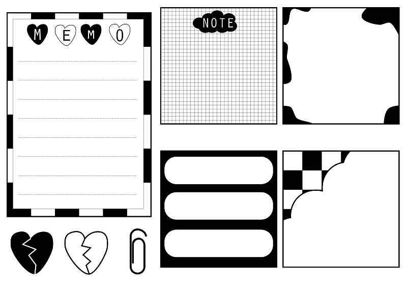收集集可爱的美学黑色备忘录，纸笔记，笔记，提醒，贴便条，计划表，要做的清单，清单纸，便笺簿，便利贴，