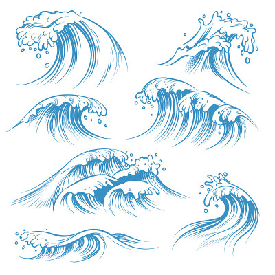 手绘海浪。素描海浪潮溅。手绘冲浪风暴风水涂鸦复古元素