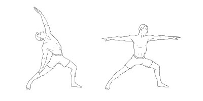 瑜伽武士姿势或virabhadrasana I和和平的变化。男人练习瑜伽是为了提高平衡性。手绘草图矢