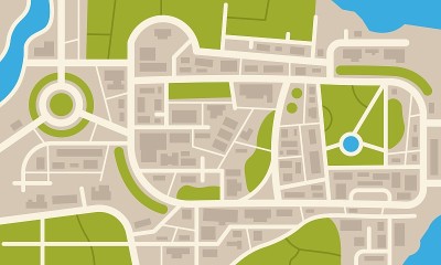 城市导航地图。平面的街道公园和河流与俯视图，简单的卡通城市地图。矢量模式市中心