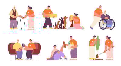 人的帮助。关怀长者，义工社区。养动物、儿童和老人。志愿护士和残疾老人一起散步，完全是矢量人物