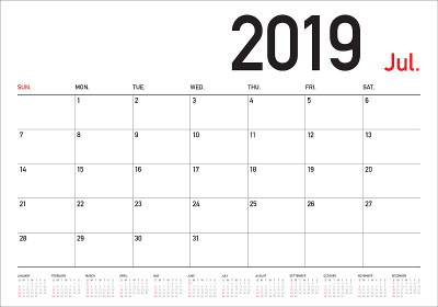 2019年7月台历矢量插图