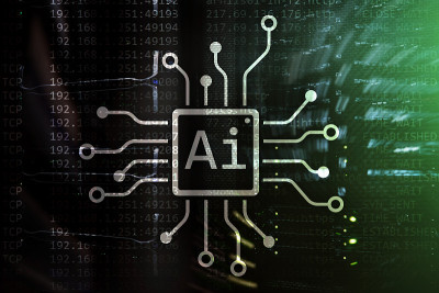 AI，人工智能，自动化和现代信息技术概念上的虚拟屏幕。