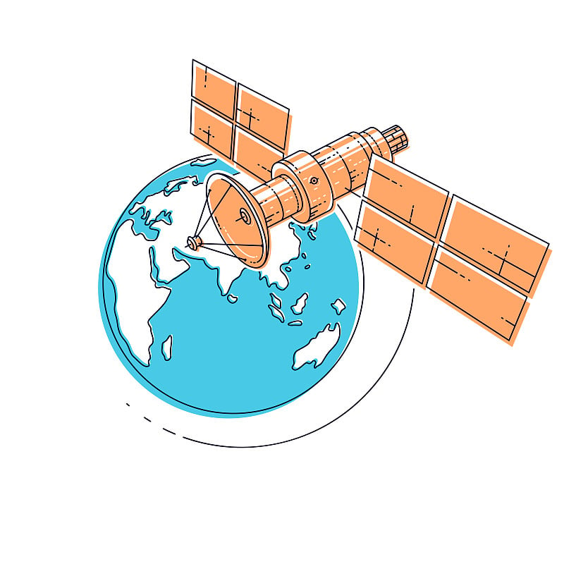 卫星绕地球轨道飞行，通信技术航天器空间站与太阳能电池板和卫星天线板。细线三维矢量插图。