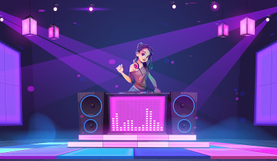 Dj女孩站在夜店的转盘，派对