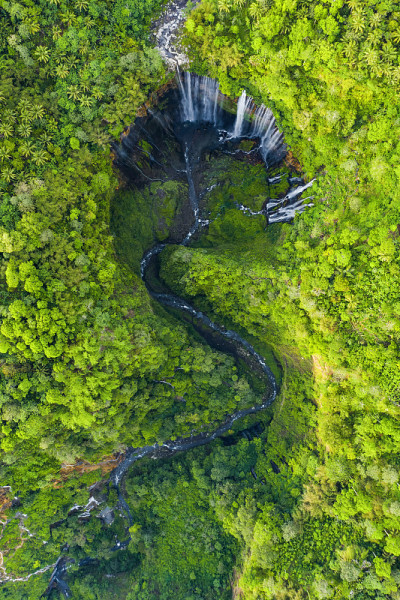 从上面俯瞰，令人惊叹的Tumpak Sewu瀑布也被称为Coban Sewu。
