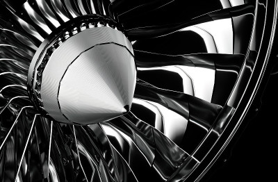 在纯背景上隔离的涡轮风扇引擎部分的3D渲染。