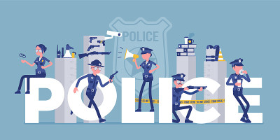 警用大字，上面有男警员，女警员